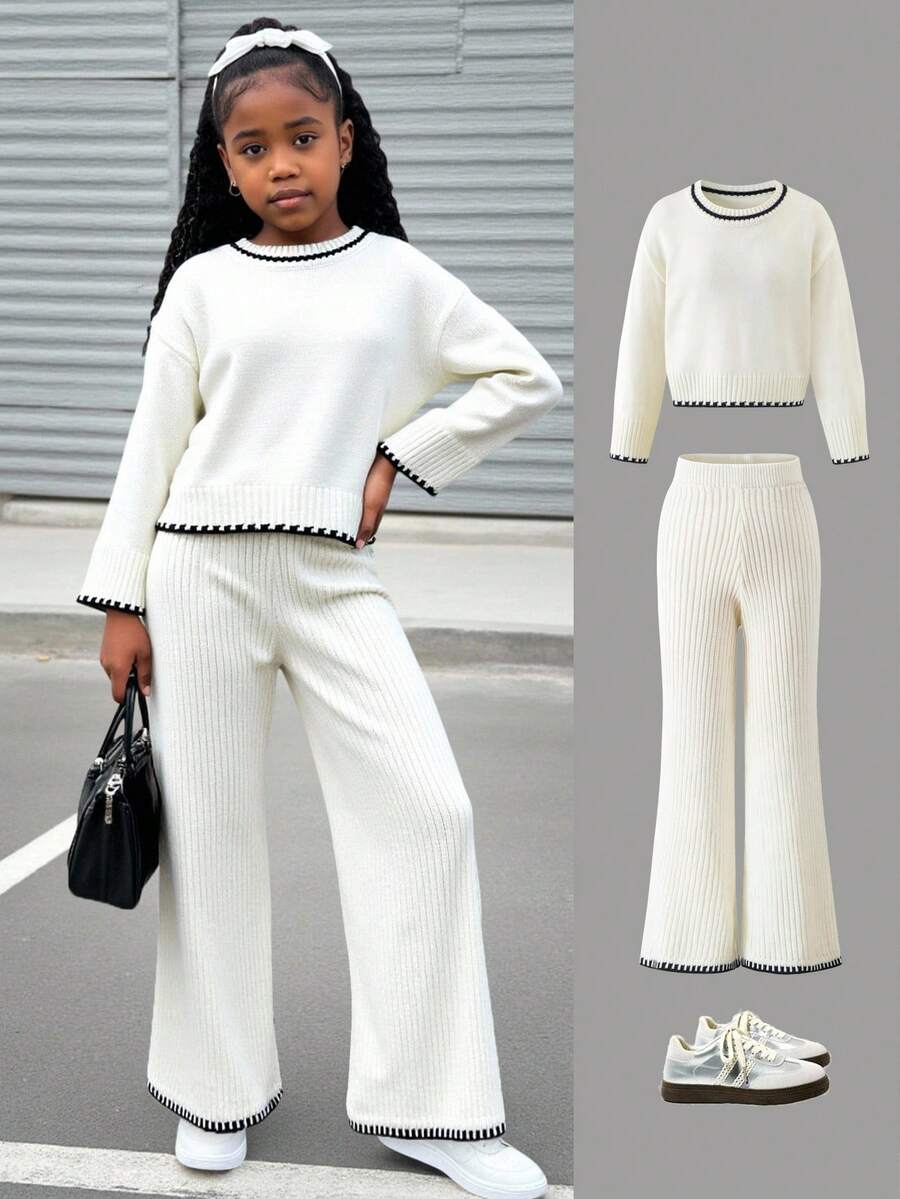 2 Stücke/Set Neuer Kontrast-Farben Strick Lässiger modischer Langarm-Top und locker anliegende elegante Hose Anzug Damen Outfit Strick Set Outfit Set Zweiteiler Set Kleidung Set Zweiteiler Set Damen - Weiss - Übersicht 1