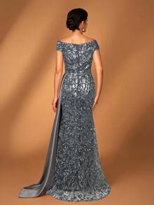 Serin Elegant Luxurious Off Shoulder Embroidered Sequin Lace Patchwork Satin Ruched Fishtail Dress With Side Slit, Suitable For Wedding, Party, Vacation, Prom, Evening Gown, Mother Of The Bride