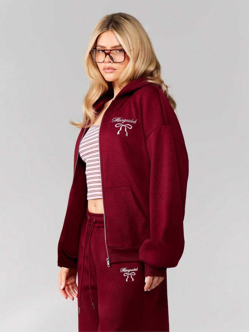 MISSGUIDED 끈이 달린 풀 지퍼 후드 티셔츠 크리스마스