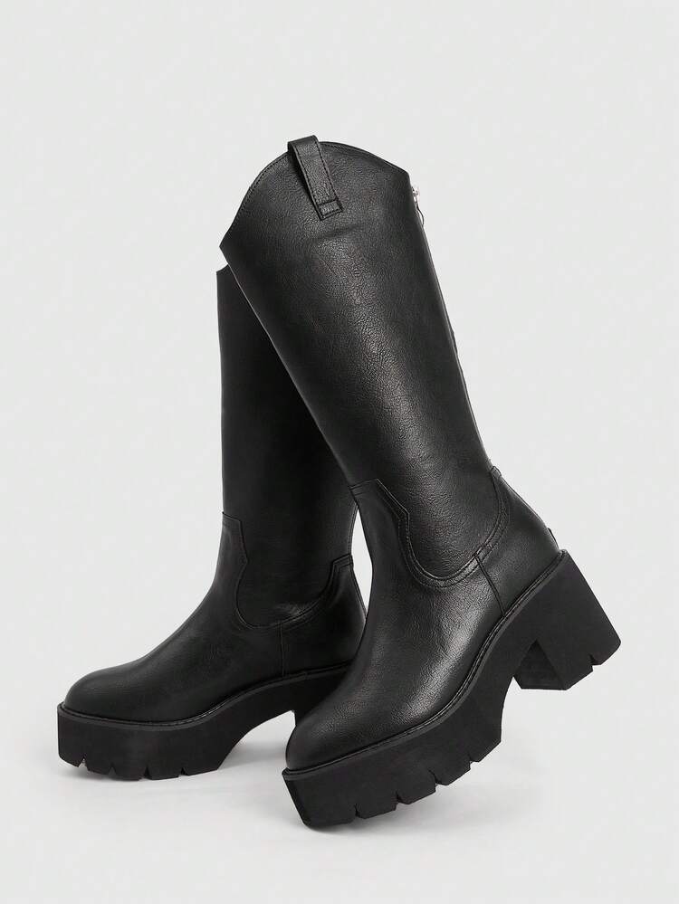 Women's Fashion Black Thick Sole Motorcycle Mid-Calf Boots, Street Style