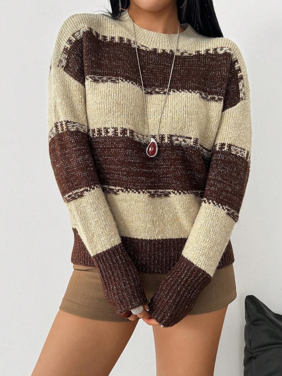 Modelyn Autumn/Winter Minimalist Design Striped Shiny Mesh Pullover ...