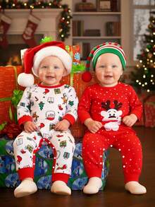 Playful Pals 2pcs/Set Infant Boys' Casual Cute Santa Claus Candy Cane Christmas Tree Gift Bear Print Jumpsuit, Suitable For Christmas, Parties In Autumn/Winter - Multicolor - View 3