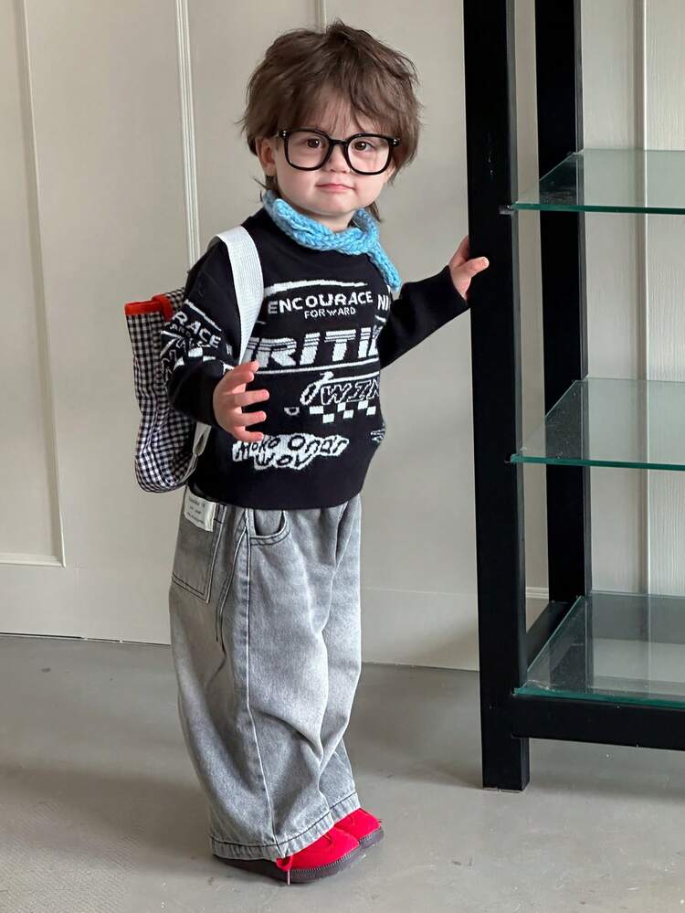Toddler Boys' Round Neck English Letter Street Casual Long Sleeve Sweater