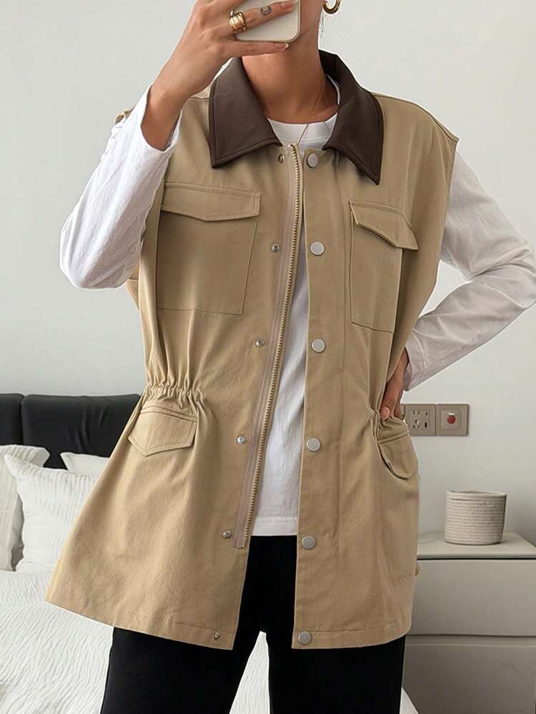 Women's Contrast Color Collar Patchwork Loose Casual Sleeveless Jacket Vest