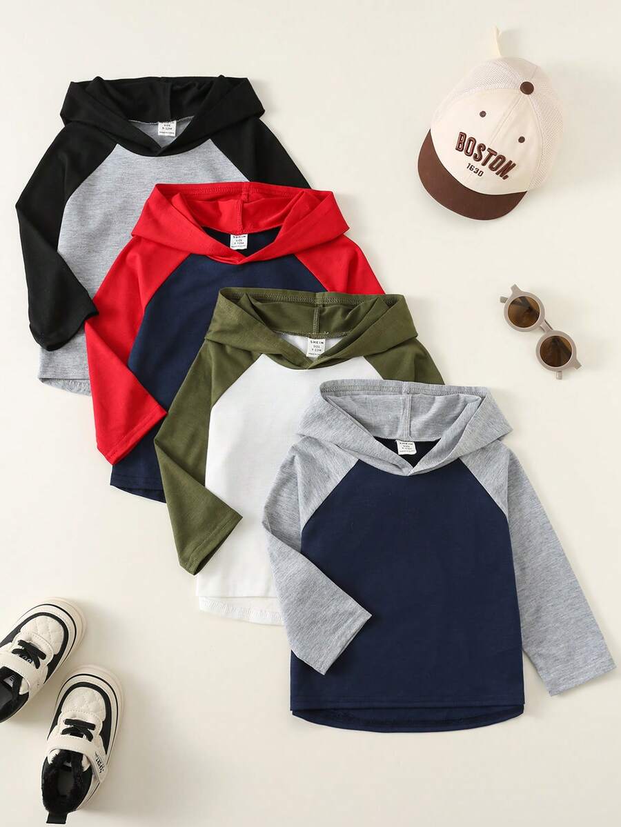 SHEIN 3 Stücke/Set Baby-T-Shirts/Shirts mit Kapuze, lässig und niedlich, mit Drop Shoulder, ideal für Frühling und Herbst, für Zuhause, Outdoor-Aktivitäten und die Schule. - Verschiedenfarbig - Übersicht 1