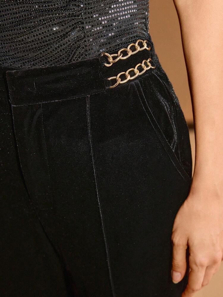 AUTUMN/WINTER VELVET SEAM FRONT FLARE LEG SUIT PANTS WITH METAL CHAIN DECOR