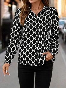 SHEIN Clasi Áo khoác cardigan dài tay họa tiết hình học đen trắng dành cho nữ, thanh lịch để mặc hàng ngày và đi làm, mùa thu/đông - Đen và trắng - Xem 4
