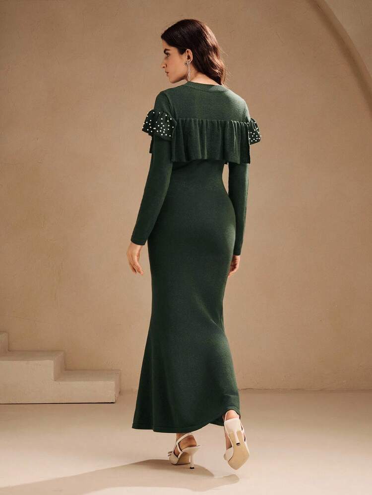Women's Elegant Ruffle Collar Beaded Fitted Mermaid Hem Knit Dress, Suitable For Christmas, Halloween, Autumn/Winter
