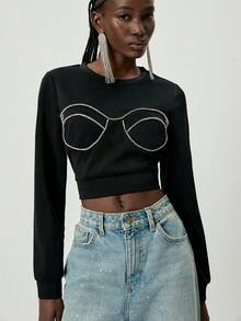 Aveloria GENKIRA Solid Color Short Sleeve Rhinestone Chain Split Casual Women Sweatshirt - Black - View 6