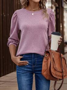 EMERY ROSE Women's Solid Color Round Neck Puff Sleeve Casual Loose T-Shirt - Pink - View 4