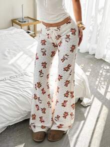 SHEIN EZwear 女装秋冬卡通熊米色圣诞可爱家居裤毛呢保暖抽绳腰阔腿宽松休闲针织长裤白色印花裤白熊针织裤 - 彩色 - 查看 3