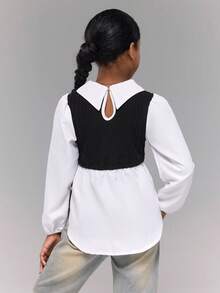Lässige 2-in-1-Bluse im Schulstil mit Farbblock und Peter-Pan-Kragen für Tween-Mädchen