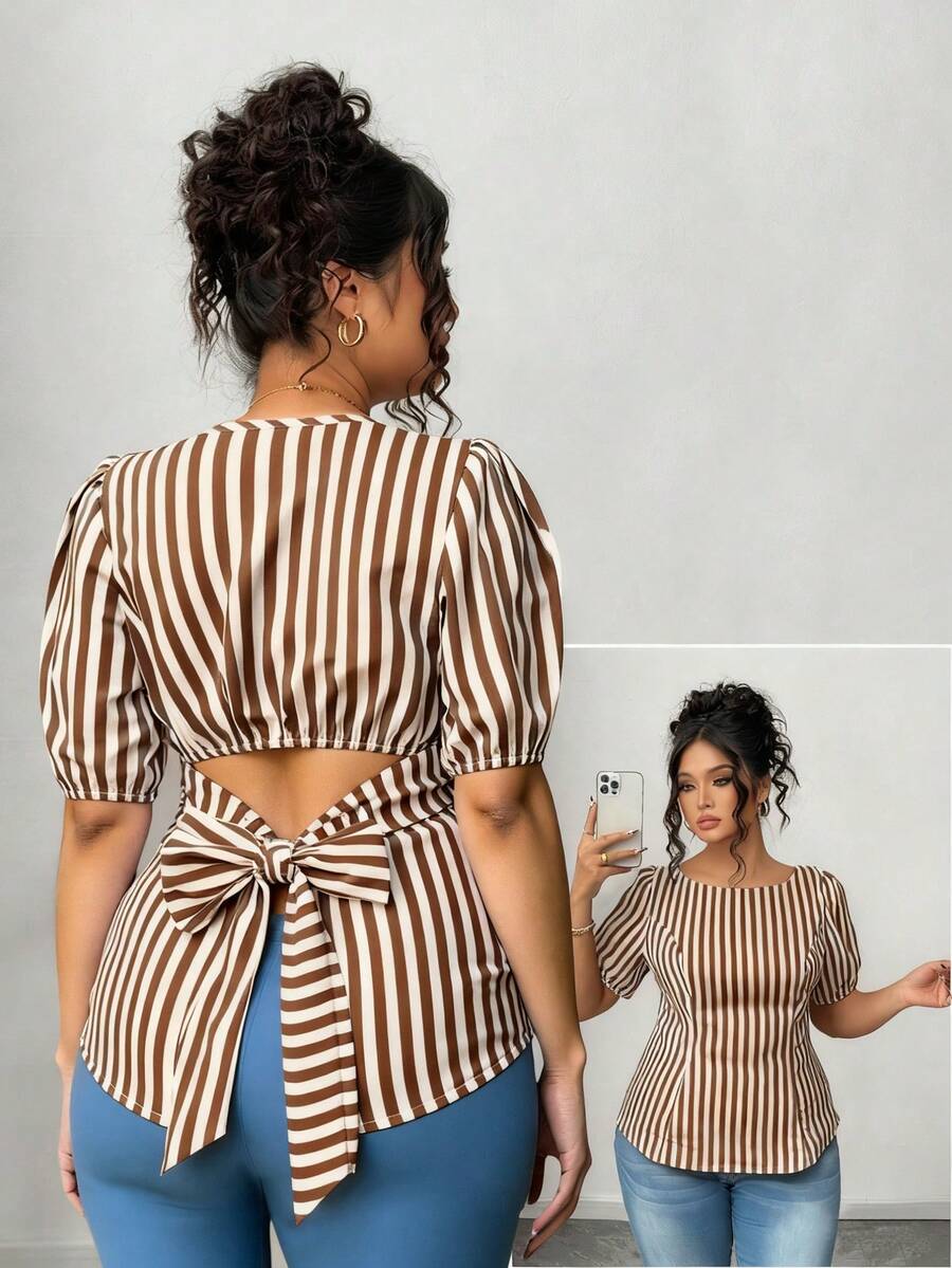 Elenzga 加大码休闲衬衫，背面系带条纹印花设计 - 彩色 - 查看 1