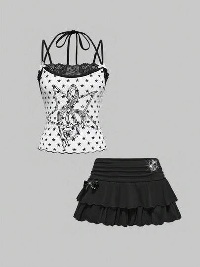 ROMWE Avant Ensemble 2 pièces de débardeur en dentelle avec imprimé de notes de musique et d'étoiles strass et mini-jupe pour femmes, style Y2K rétro, pour l'automne/hiver