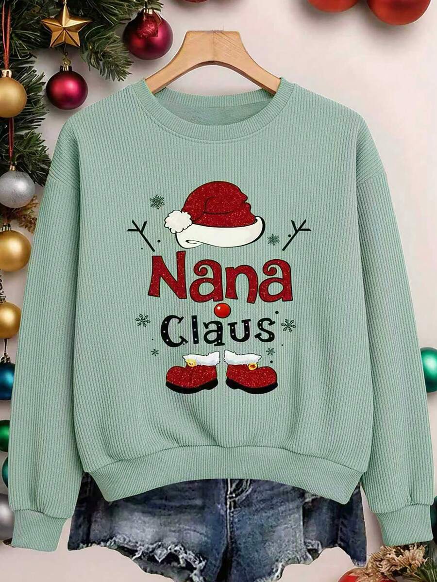 SHEIN LUNE Christmas Pattern Print Fashionable Minimalist Women Crew Neck Fleece Long Sleeve Sweatshirt, Gift For Friends, Autumn/Winter - Mint Green - View 1