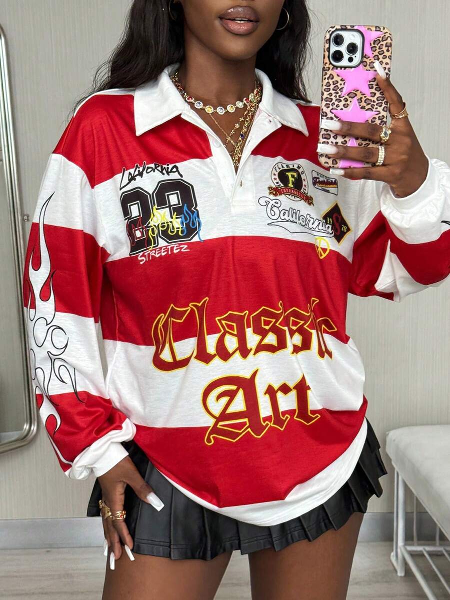 Coolane 女式夏季外出街头服饰 Y2K 条纹图案运动宽松长袖 Polo 衫 - 紅白色 - 查看 1