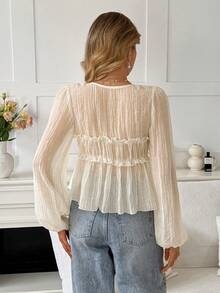 Serisse Women's Apricot Summer Boho Blouse,Frill Trim Front Tie Lantern Sleeve Solid Color Elegant Top,Suitable For Work,Commute,Brunch & Casual Fashion - Apricot - View 2