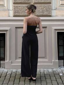 Pariaura Women's Black Gold Elegant Summer Wide Leg Jumpsuit, Tube Top Party Night Outfit,Flower Metal Buttons Long Pants Wedding Guest Romper - Black - View 2
