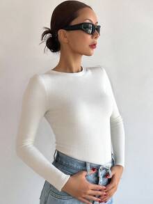 DAZY 女式纯色长袖修身休闲套头衫，秋冬 - 白色 - 查看 4