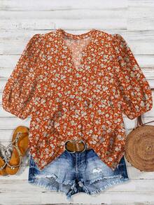 EMERY ROSE 加大码甜美碎花短袖衬衫，新款春夏圆领褶皱宽松休闲上衣 - 彩色 - 查看 1