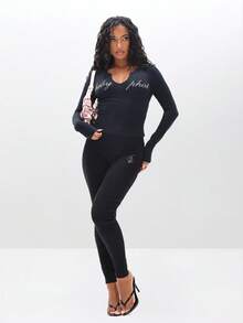 BABYPHAT Leggings skinny taille haute grande taille avec détail du logo chat et script strass sur le devant - Noir - Voir 5