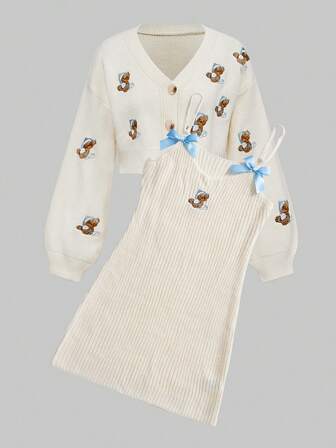 Kawaii Ensemble 2 pièces : Robe nuisette en tricot avec nœud papillon et ours brodé, décolleté sexy en V pour femmes + Cardigan en tricot avec ours brodé, décolleté en V et épaules dénudées pour femmes