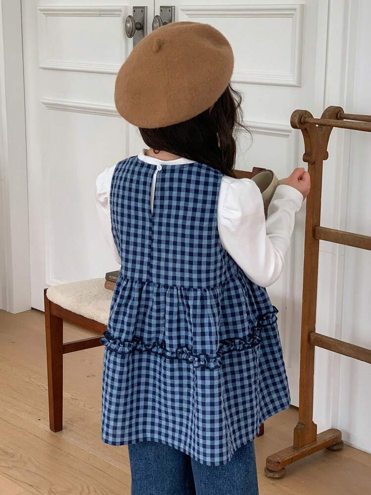Young Girls Plaid Korean Style Bow Decor Casual Vest Sleeveless Shirt