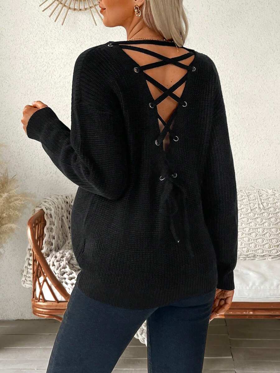 SHEIN Maternity Solid Color Loose Casual Sweater With Eyelet Back Design, Autumn/Winter - Black - View 1