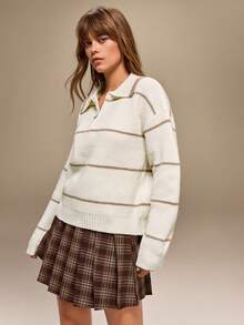 SHEIN 女式条纹拉链 Polo 领落肩长袖休闲毛衣，秋冬 - 白色 - 查看 7