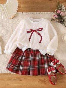 Elladie kids Young Girls Cute Bow & Cherry Blossom Plush White Top Paired With Red Plaid Pleated Skirt Sweatshirt Set