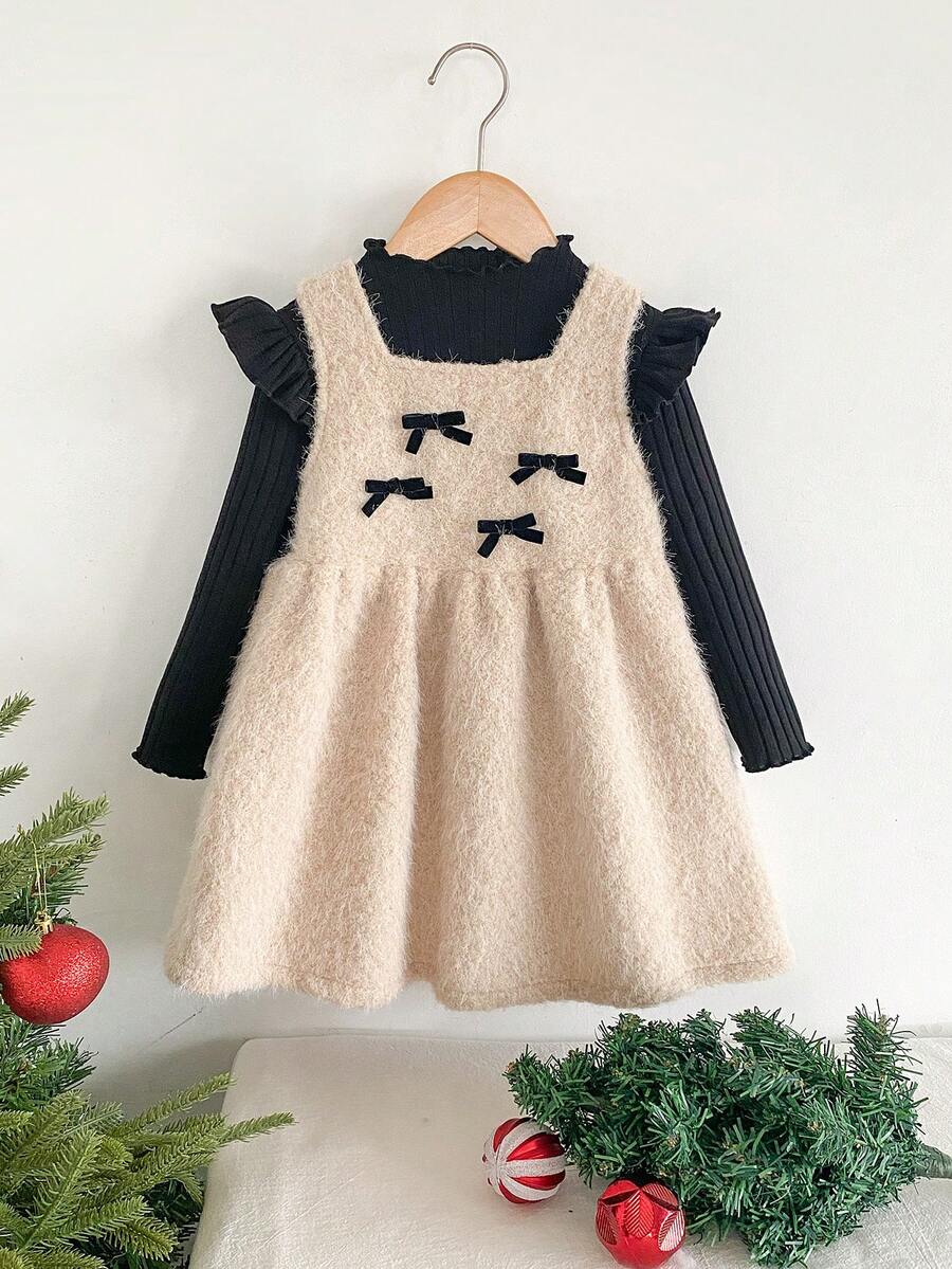 SHEIN Playful Pals 2pcs/Set Young Girl Cute Furry Bow Decor Pinafore Dress & Long Sleeve Undershirt,French Style Cream And Black,Summer,Fairy,Birthday Girls Winter Dress - Apricot - View 1