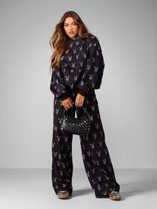 Missguided x Playboy Leopard Print Bunny Head Pattern Long Sleeve Hoodie With Drawstring For Casual Winter Wear - Multicolor - View 3