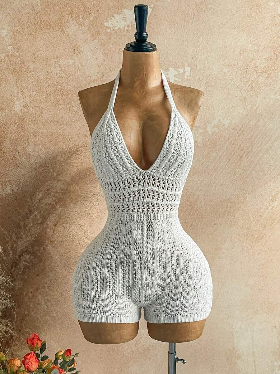 Soleia Women's Gradient Knit Deep V Backless Romper, Sexy & Fashionable Fitted, Suitable For Party, Date, Afternoon Tea, Boho Vacation, Beach Crochet Tank Top Knitted Bathing Suit Crochet Bathing Suit Boho Tank Top Women Knit Top Women - White - View 1