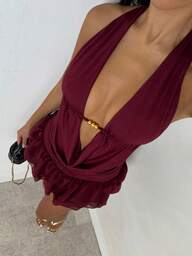 SHEIN Glamour 2 Piece Sets Red Brown Color Halter Neck Sexy V Neck  Backless Sleeveless Asymmetrical Mini Skirtt Set, Autumn And Winter Clothing, Holiday Party Carnival Sets, Streetwear, Women Club Sets, Date Night Sets, Women Birthday Sets, Elevated Elegance, Party Must Have, Halloween Sets, Christmas Sets, Vintage Style, Urban Comfort, Street Style, Satin Graduation Dress, Retro Fashion, Backless Top Sets