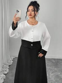 Modelyn 2 piezas Conjunto de Mujer Talla Grande: Chaqueta de Manga Larga con Encaje de Contraste Negro Emparejada con Falda, Elegante y de Moda - Negro - Ver 4
