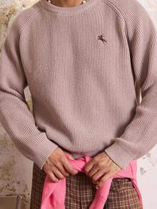 SWAVVY 男士休闲圆领插肩袖骑士刺绣毛衣，秋冬 - 卡其色 - 查看 7