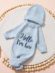 SHEIN 2 件套“你好，我在这里”刺绣新生儿男孩女孩摄影服装针织婴儿连体衣连脚连体衣带帽婴儿 1 个月 100 天拍照道具 - 藍色 - 查看 7