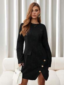SHEIN Unity Vintage Long Sleeve Short Dress With Asymmetric Hem And Side Slit Elegant Dress - Brown - View 4