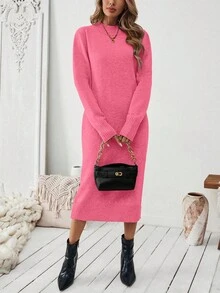 SHEIN Gaun Sweater Panjang Kasual Chic Leher Bulat Warna Fuchsia untuk Wanita - Hot Pink - View 4
