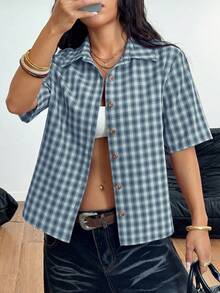 StreetHx Streetwear 女式格子拉链口袋短袖衬衫 - 淺藍色 - 查看 3