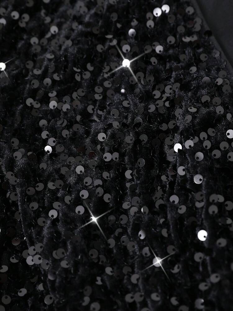 Plus Size Women's Fall/Winter Elegant Party Sequin Embroidered Velvet Patchwork Long Sleeve Black Dress With Belt, Autumn/Winter, Elegant Dresses For Party , Luxury Evening Dresses For Weddings ,Autumn/Winter,Going Out Outfits,2025 New Clothes,Simple And Fashionable For Everyday Wear, Plus Size Winter Clothes,New Year Dress , Black Sparkle Dress,  Solid Color Black Long Dress, Plus Size Winter Clothes,Christmas Outfit For Women , Elegant Dresses For Party ,Winter Dresses For Women ,Fall Wedding Guest Dress, Date Night Outfits Women,Going Out Dress, Wedding Guest Dress Women,Mother Of The Bride Dresses For Wedding, Formal Dresses For Wedding Guest,Dresses For Wedding Event , Fall Wedding Guest Dress,Wedding Guest Dress Elegant, Chic Dress ,Women's Formal Wear ,Thanksgiving,Flowy Dress