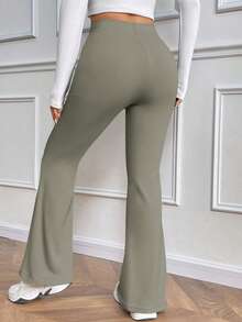 Chiquease 女式休闲日常百搭紧身保暖内衬高腰喇叭裤，松紧腰，黑色，冬季 - 灰色 - 查看 2