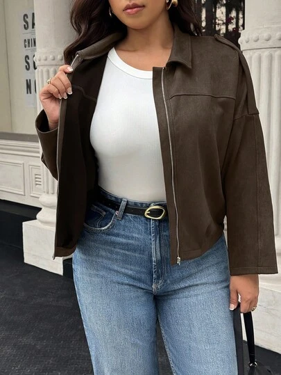 Calvaya Plus Size Women Solid Color Long Sleeve Zip-Up Casual Jacket, Autumn