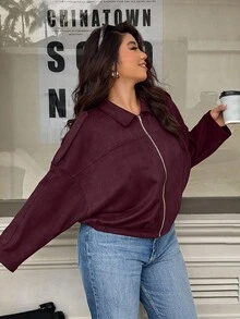 Easura Plus Size Casual Solid Color Drop Shoulder Cropped Jacket, Autumn/Winter Fall - Burgundy - View 4