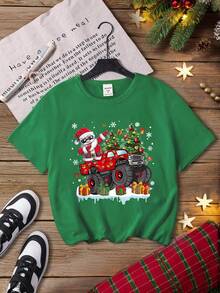 SHEIN Kleine Jungen Weihnachtsshirt mit fröhlichem Cartoon Weihnachtsmann, Lastwagen und Schneeflocken Motiv, Rundhals Kurzarm, bequem für Weihnachtspartys - Dunkelgrün - Übersicht 3