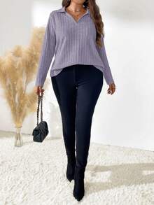 SHEIN LUNE Camiseta casual de punto acanalado con media cremallera y mangas raglán para mujer de talla grande - Morado - Ver 3