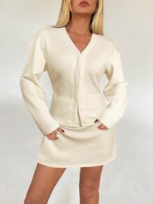 Aloruh 2pcs Women's Elegant Front Hook Gigot Sleeve Top And High Waist Bodycon Skirt Set, Burgundy