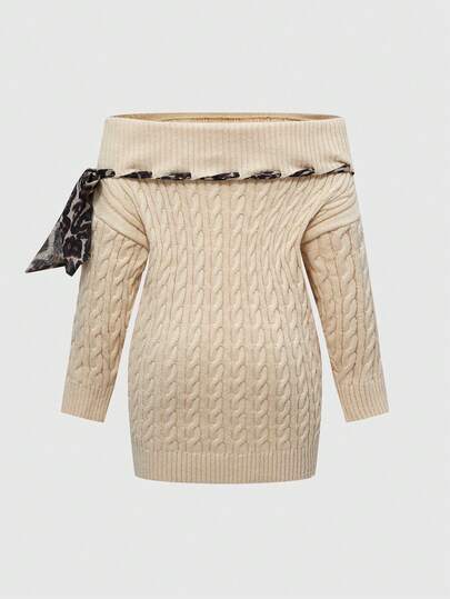 Grunge Punk Suéter holgado de talla grande con estampado de leopardo vintage, con lazo y hombros descubiertos