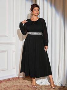 Cravure Plus Size Women Elegant Black Autumn Formal Dinner Evening Chiffon Teardrop Neck Tie Lantern Sleeve Lace Embroidery Sequin Waist Decor Maxi Dress - Black - View 5