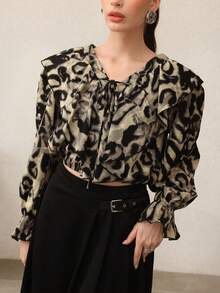Modelyn Blusa de mujer de manga larga con cuello en V, manga acampanada, estampado de leopardo y volante en el bajo - Multicolor - Ver 3